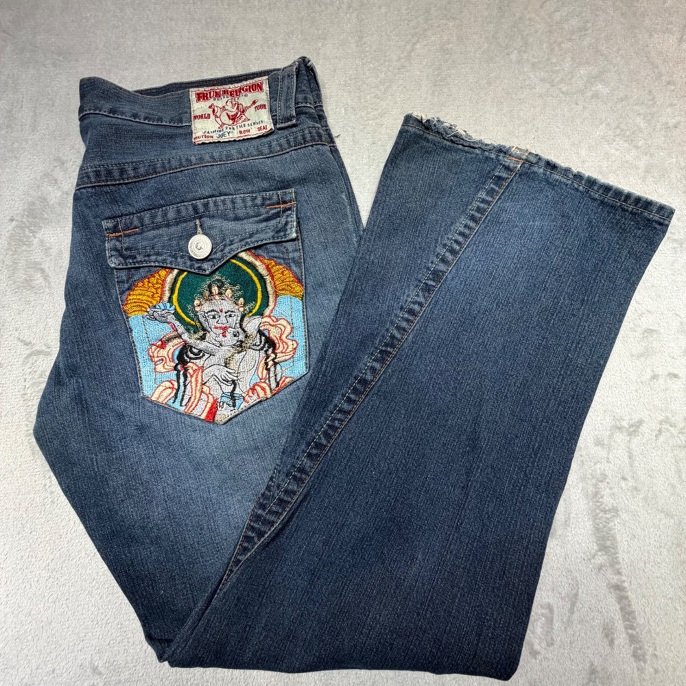 Vintage True Religion Joey Flare Jeans 36 Blue Cotton Buddha Embroidered Y2K